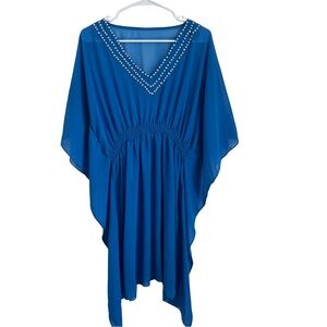 Blue Kaftan Swim Coverup Studded V-Neck Resort Wear Vacation Beach Pool Dress